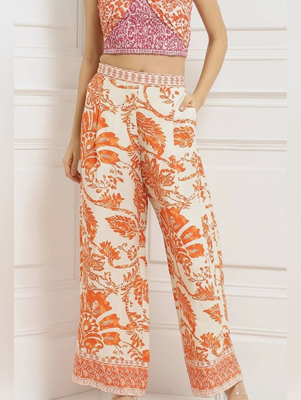 Ranna Gill Cream and Orange Wide-Leg Printed Pants, Side Pockets, NWT